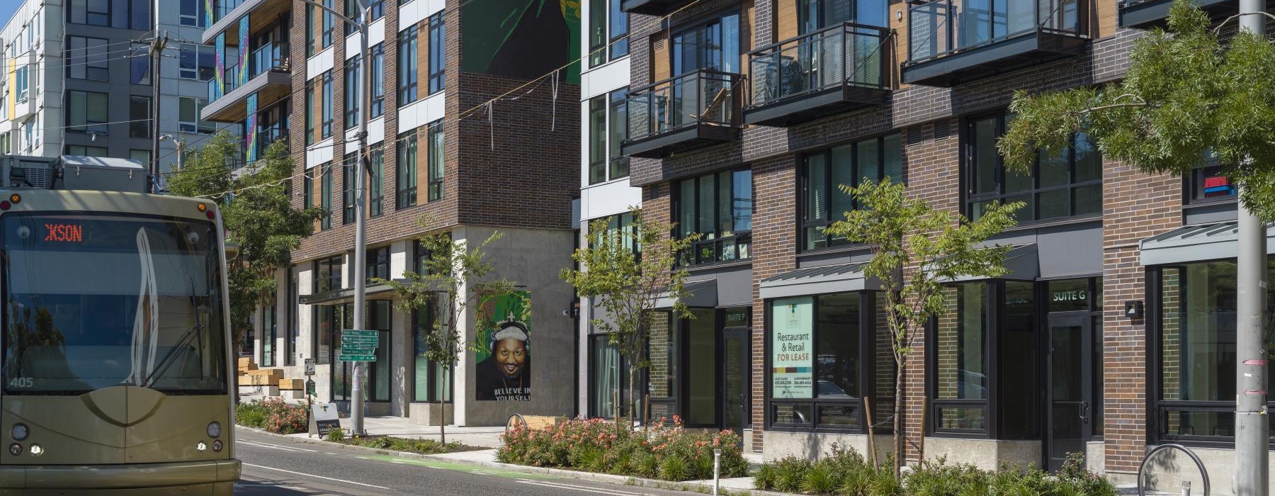 a bus driving down a street